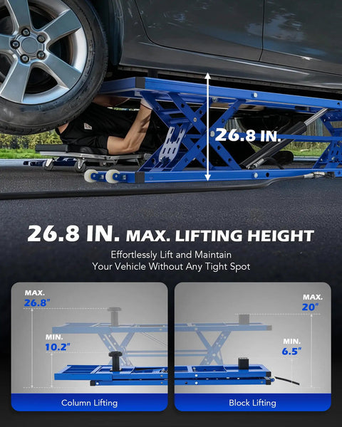 Beefy 7000-Lb Portable Car Lift With Auto Lock, Four-Post Heavy-Duty Design, adjustable up to 26.8-in max height in use