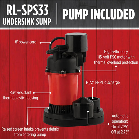 Detailed view of the One Third HP 115 Volt Under Sink Sump Pump System with PSC motor and thermoplastic housing, rust-resistant.