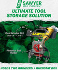 Adjustable Grinder Base Bracket And Angle Grinder Holder With Magnetic Tool Strip Go To Dual Grinder Stand Beast Pro Grade Polisher Mount And Quick Access Organizer For 4.5 7 And 9 Inch Grinders in use, showing grinder and rheostat box.