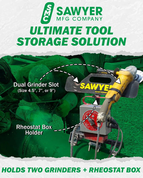 Adjustable Grinder Base Bracket And Angle Grinder Holder With Magnetic Tool Strip Go To Dual Grinder Stand Beast Pro Grade Polisher Mount And Quick Access Organizer For 4.5 7 And 9 Inch Grinders in use, showing grinder and rheostat box.
