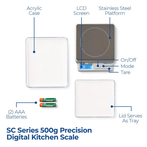 Precision Digital Kitchen Scale For Food Measuring 2Kg X 0.1g, Silver SC Series with LCD, stainless steel, and accessories