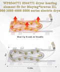 Dryer heating element for Maytag Bravos XL Whirlpool Duet Kenmore Elite HE4 HE5 with measurements and installation features.