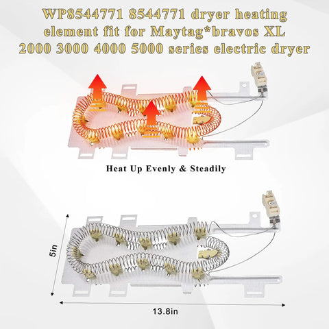 Dryer heating element for Maytag Bravos XL Whirlpool Duet Kenmore Elite HE4 HE5 with measurements and installation features.