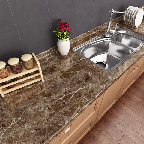 Peel And Stick Marble Countertop Vinyl Wrap 15.8 By 197 Inch Self Adhesive Brown Marble Waterproof Kitchen And Bathroom Counter Cover For Desks Tables And More Renter Friendly on kitchen counter with sink and decor