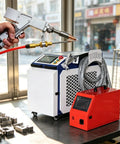 Portable Handheld Welder Machine Featuring Slick Digital Control Panel with welding gun and controls on workshop table.