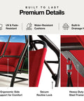 Close-up of premium details of Three Seat Patio Swing With Canopy For Backyard Or Porch Convertible Glider Bed Thick Removable Cushions And Pillows Easy Setup No Wobble Between Swing Flat Bed And Shaded Lounging In Burgundy showing ergonomic support, secure lock, and steel frame.