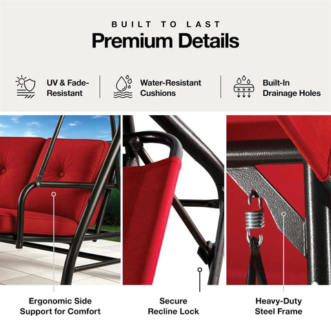 Close-up of premium details of Three Seat Patio Swing With Canopy For Backyard Or Porch Convertible Glider Bed Thick Removable Cushions And Pillows Easy Setup No Wobble Between Swing Flat Bed And Shaded Lounging In Burgundy showing ergonomic support, secure lock, and steel frame.
