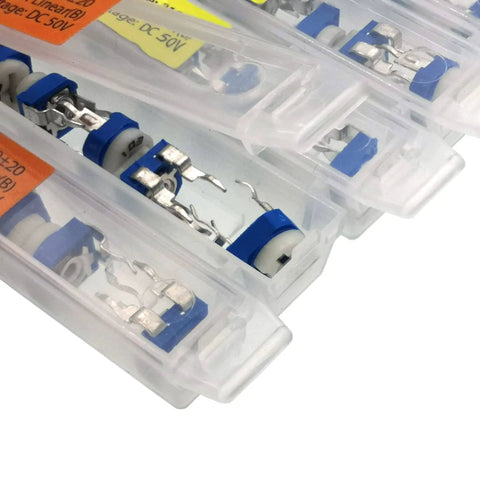 All In One Potentiometer Kit With 19 Values, 152 Pieces, 6mm RM065 Linear Taper Rotary Variable Resistors in clear cases.