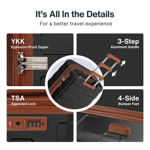 3 piece polycarbonate luggage set with TSA lock, aluminum handle, explosion-proof zipper, and bumper feet for secure travel.