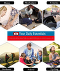 Collage showing Small 166 Piece Emergency First Aid Kit for Outdoors Camping Auto Home and Workplace in various scenarios