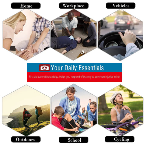 Collage showing Small 166 Piece Emergency First Aid Kit for Outdoors Camping Auto Home and Workplace in various scenarios