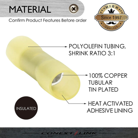 Top Rated Heat Shrink Butt Connectors 25 Pack Yellow 12 To 10 AWG Electrical Wiring Crimp Splices For Automotive And Marine Hookups showing polyolefin tubing and copper terminal.