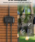Outdoor Smart Plug IP44 with dual outlets on wood wall, icons for schedule and voice control, rain falling for waterproof feature