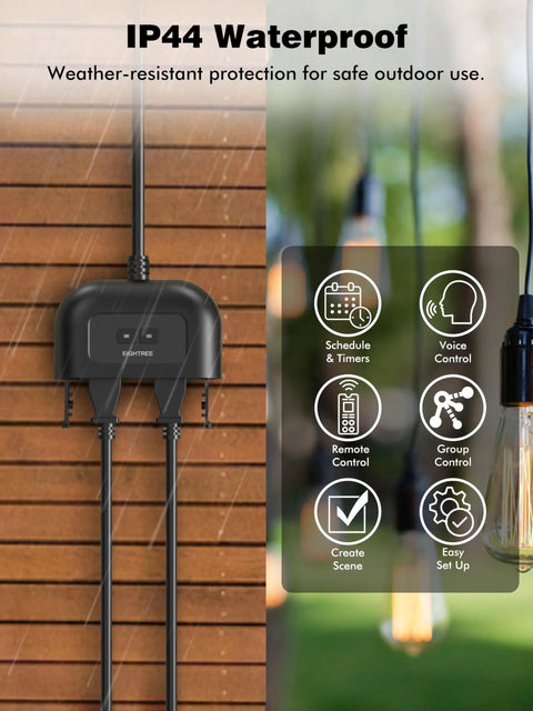 Outdoor Smart Plug IP44 with dual outlets on wood wall, icons for schedule and voice control, rain falling for waterproof feature