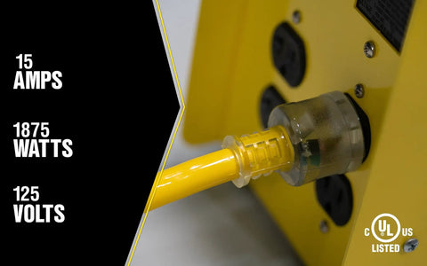 Heavy Duty 50 Foot Outdoor Extension Cord with Lighted End plugged into power source, showing 15 amp, 125 volt, UL listed, yellow jacket