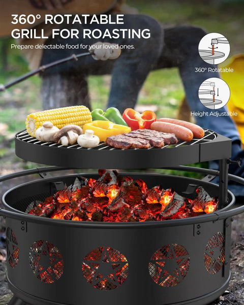 32 Inch Fire Pit With BBQ Grill And Mesh Cover For Outdoor Patio Backyard Bonfires Includes 360 Degree Rotating Grill And Fire Poker