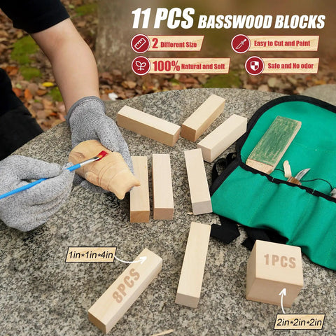 Person carving wood next to 11 basswood blocks, green roll-up bag, and strop from Beginner Friendly Wood Carving Set With 17 Tools Includes 3 Whittling Knives, 9 Basswood Blocks, Safety Gloves, Leather Strop Block, Polishing Compound, Roll Up Bag, And Clear Instructions For Adults Hobbyists.