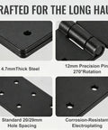 Close-up of Heavy Duty Gate Hinges 6 Pack Adjustable 270 Degree Black Iron showing 4.7mm thick steel and 12mm precision pin.
