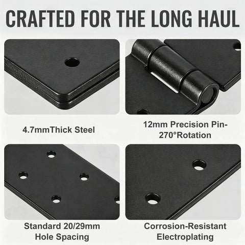 Close-up of Heavy Duty Gate Hinges 6 Pack Adjustable 270 Degree Black Iron showing 4.7mm thick steel and 12mm precision pin.