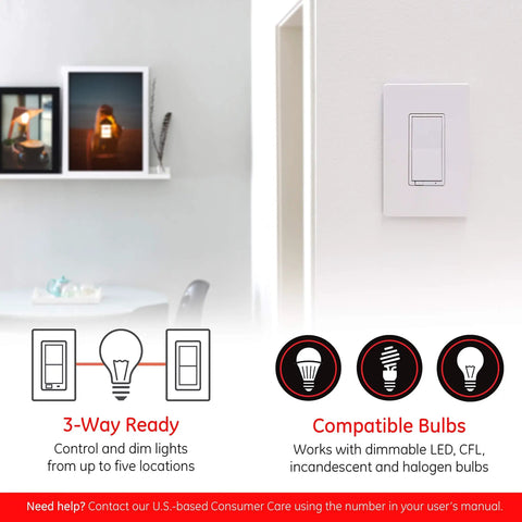 Zigbee In Wall Paddle Dimmer With QuickFit And SimpleWire, White Almond Finish installed on a wall with tech features displayed.