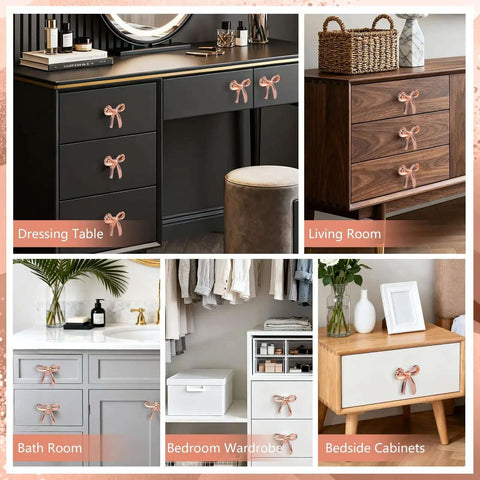 Rose Gold Bow Dresser Knobs 4 Pack Decorative Cabinet Hardware For Dressers Cabinets Closets Elegant Bow Shaped Drawer Pulls With Easy Install And Standard Mounting displayed on various furniture.
