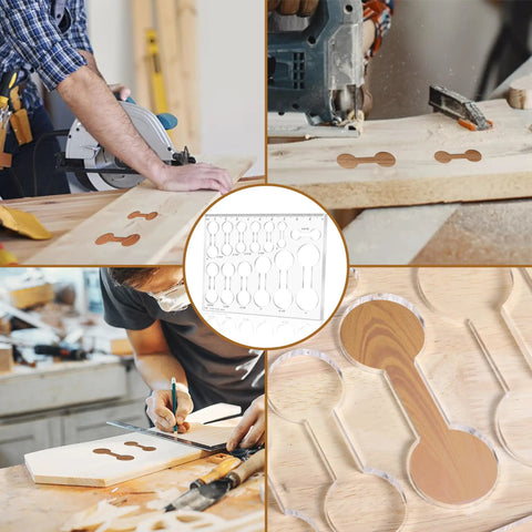 Top Shelf Acrylic Router Templates For Woodworking With 13 Piece Dog Bone And Dumbbell Inlay Jigs Laser Cut Precision Guides in workshop setup.
