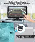 Close-up of Wired RV Camera System With 5 1080P Waterproof Backup Cameras 360 Degree View On Screen DVR Bluetooth CarPlay Android Auto 10.1 Inch HD Touch Screen showing reverse assist lines and a truck.