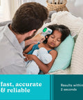 Non Contact Infrared Forehead Thermometer With 2 Second Readings Clinically Proven Fast And Accurate High Fever Alert 4 In 1 For Body Food Liquid And Room Temperature With Digital Backlit Display, used on child's forehead