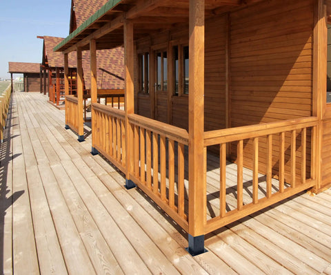 Wooden porch with 4x4 wood fence post anchor base set 2mm steel black powder coated includes wood screws and concrete anchors