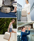 Four images showing Must Have Large 40L Travel Backpack for Women TSA Carry On approved, fits under airplane seat and in overhead bins.
