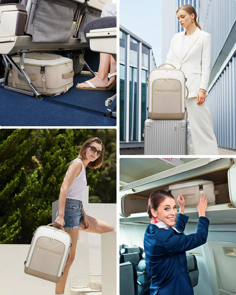 Four images showing Must Have Large 40L Travel Backpack for Women TSA Carry On approved, fits under airplane seat and in overhead bins.