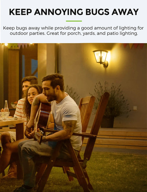 Outdoor gathering lit with Amber Porch Light Bulbs With Dusk To Dawn Sensor For Outdoor Use, 2000K Yellow Bug Light Bulbs, E26 40W.
