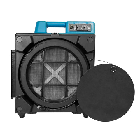 Badass Medium Air Mover And Pro Carpet Dryer Featuring Built In Timer With Outlet Sockets For Rapid Flood Cleanup And Crawl Space Moisture Removal Real Deal Utility Floor Blower front view showing black casing and filter.