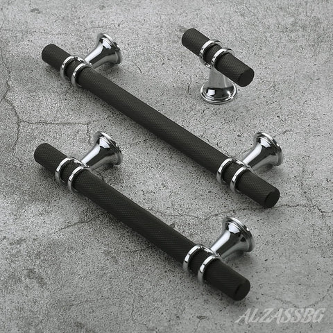 Set Of 10 Matte Black And Silver Cabinet Pulls 3 Inch 76mm Hole Centers Knurled Cabinet Handles on concrete surface