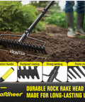 Heavy Duty Bow Rake With Long Handle For Gravel Rocks Leaves And Soil Leveling 59 Inch Reach 18 Steel Tines Tough As Nails Rust Resistant Construction For Landscaping And Lawn Care, shown in use on soil with highlighted features.