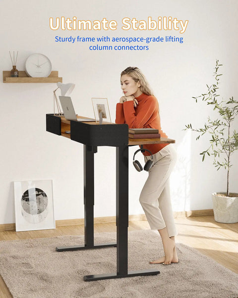 Yihayo Electric Standing Desk With Drawers 48X24 Inches Adjustable Height Computer Table showing sturdy black frame and rustic brown top.