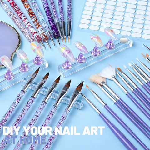 Nail Art Tools Set With 23 Pcs Brushes And 5 Pcs Dotting Tools, Magnetic Nail Stand, Adhesive Tabs, and Palette on blue background