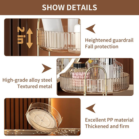 Kick Back And Organize Your Vanity Game With This Smooth Spin 360 Rotating Makeup Organizer Featuring Two Tier High Capacity Storage For Cosmetics Skincare And Perfume In Classic Amber Gold detail showing elevated guardrails and textured metal.