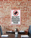 Industrial Grade Aluminum Safety Sign 8x12 Inch No Tampering Lockout Caution Plaque on brick wall near restaurant table