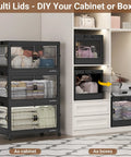 Legit Heavy Duty Stackable Storage Bins With Four Dual Access Doors And Three Secure Lids Foldable Plastic Organizers For Huge Closets And Garages Making Your Space Look Amazing, displayed as stacked containers in a modern cabinet.