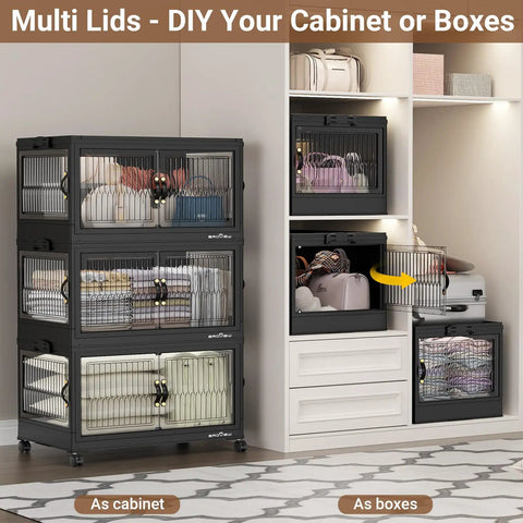 Legit Heavy Duty Stackable Storage Bins With Four Dual Access Doors And Three Secure Lids Foldable Plastic Organizers For Huge Closets And Garages Making Your Space Look Amazing, displayed as stacked containers in a modern cabinet.