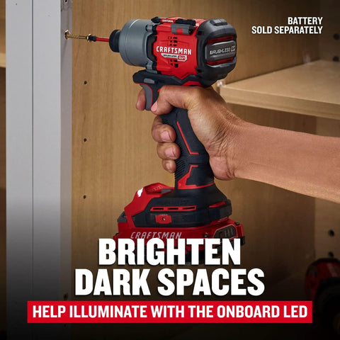 Person using V20 Brushless RP Cordless Quarter Inch Impact Driver Tool Only With 1800 Inch Pounds Torque, driving screw into wood