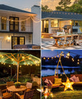 Outdoor String Lights 200 Ft Waterproof Shatterproof Globe Bulbs 104 LED Easy Install Connectable End To End Dimmable Warm White 2700K For Patio Backyard Cafe Market Outdoor Decor in various evening settings.