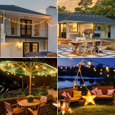 Outdoor String Lights 200 Ft Waterproof Shatterproof Globe Bulbs 104 LED Easy Install Connectable End To End Dimmable Warm White 2700K For Patio Backyard Cafe Market Outdoor Decor in various evening settings.