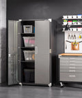 Heavy Duty Rolling Cabinet Workbench With Solid Wood Top, 6-Drawer Soft Close, Graphite Finish, next to metal storage cabinet