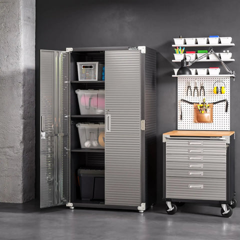 Heavy Duty Rolling Cabinet Workbench With Solid Wood Top, 6-Drawer Soft Close, Graphite Finish, next to metal storage cabinet