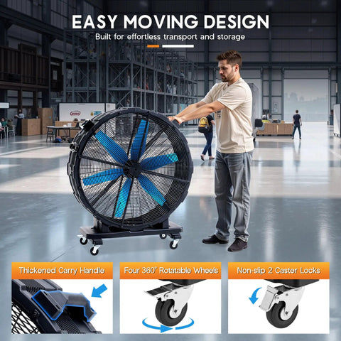 Man pushing 48 Inch Industrial Drum Fan With 17,660 CFM High Velocity Airflow, 750W Copper Motor on wheels in warehouse