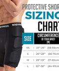 Gnarly Protective Padded Shorts sizing chart with black EVA foam pads for hips and tailbone protection, waist size XS to L.