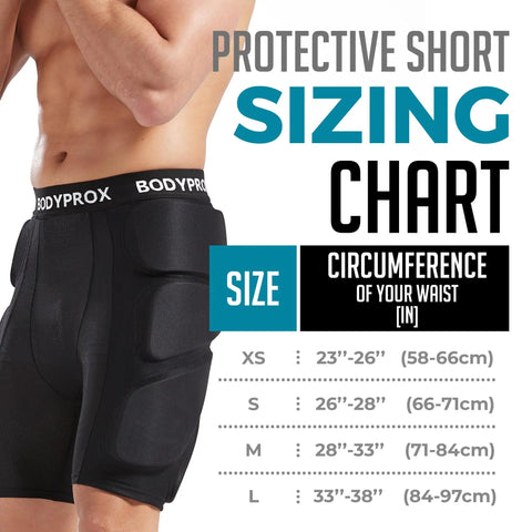 Gnarly Protective Padded Shorts sizing chart with black EVA foam pads for hips and tailbone protection, waist size XS to L.