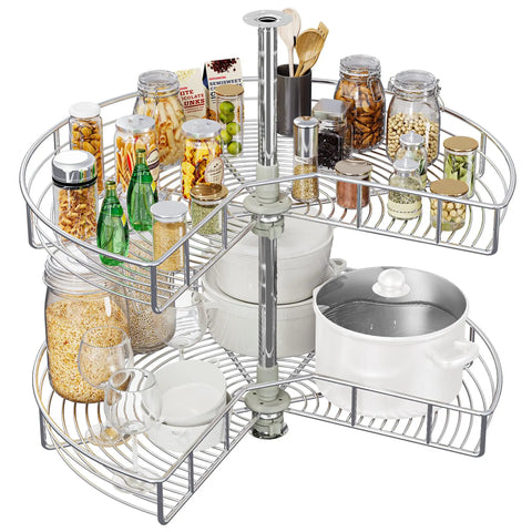 Heavy Duty Steel Corner Organizer With Killer Swivel Action Lazy Susan Turntable And Chrome Pie Cut Design For Kitchen Cabinet Storage Hella Sturdy Build Easy Assembly Top Tier displaying jars and bowls in a pantry.